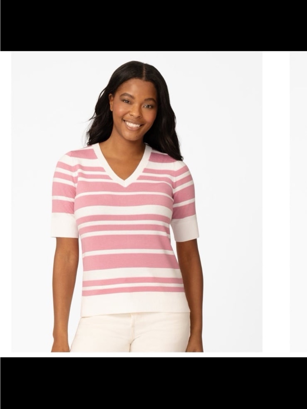 NWT Melissa Paige women’s petite textured stripe V neck top pink &white size PM